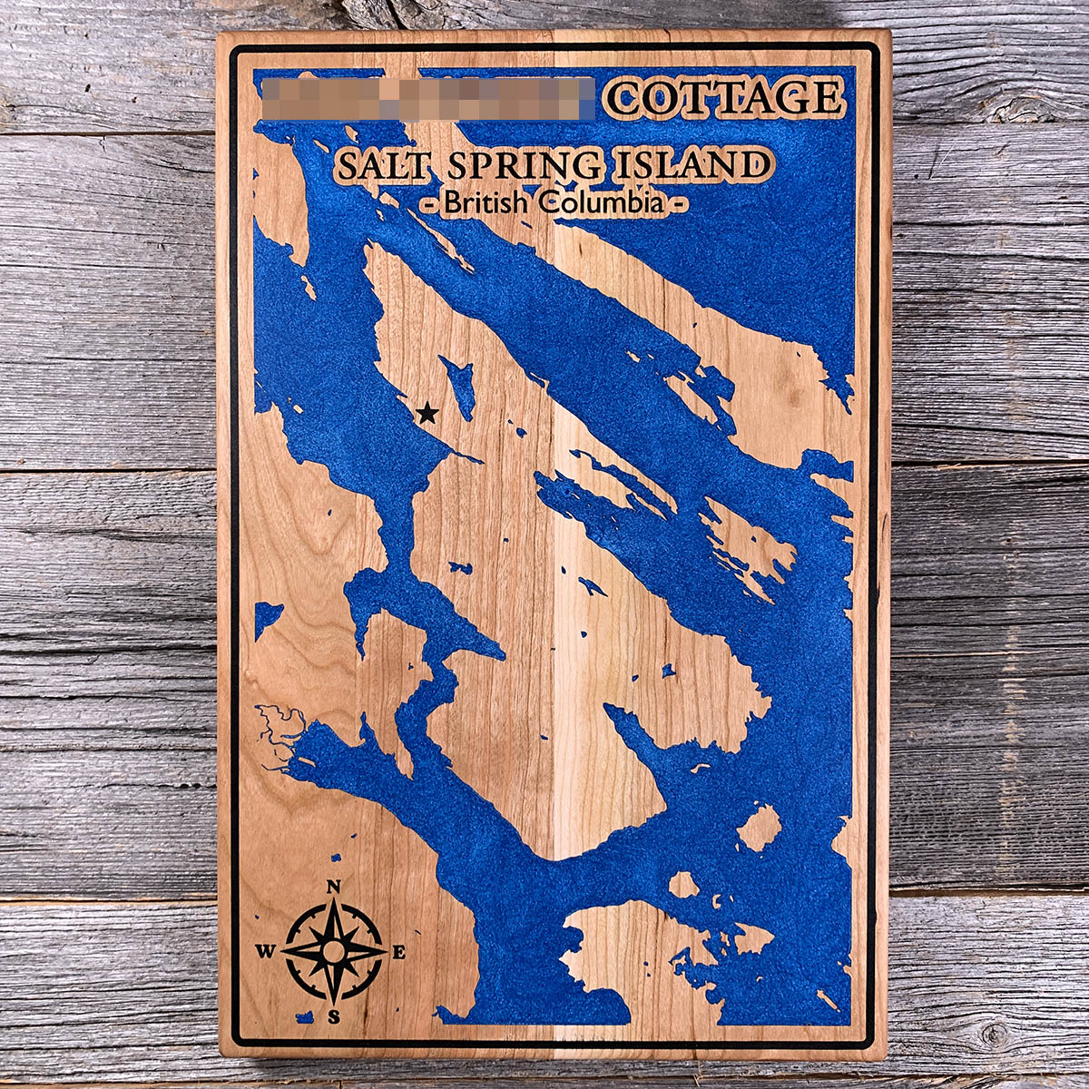 Epoxy map of Salt Spring Island, Gulf Islands, British Columbia, Canada, handmade by Keyway