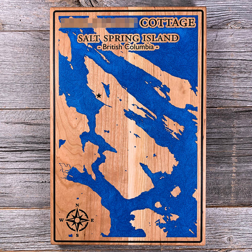 Epoxy map of Salt Spring Island, Gulf Islands, British Columbia, Canada, handmade by Keyway