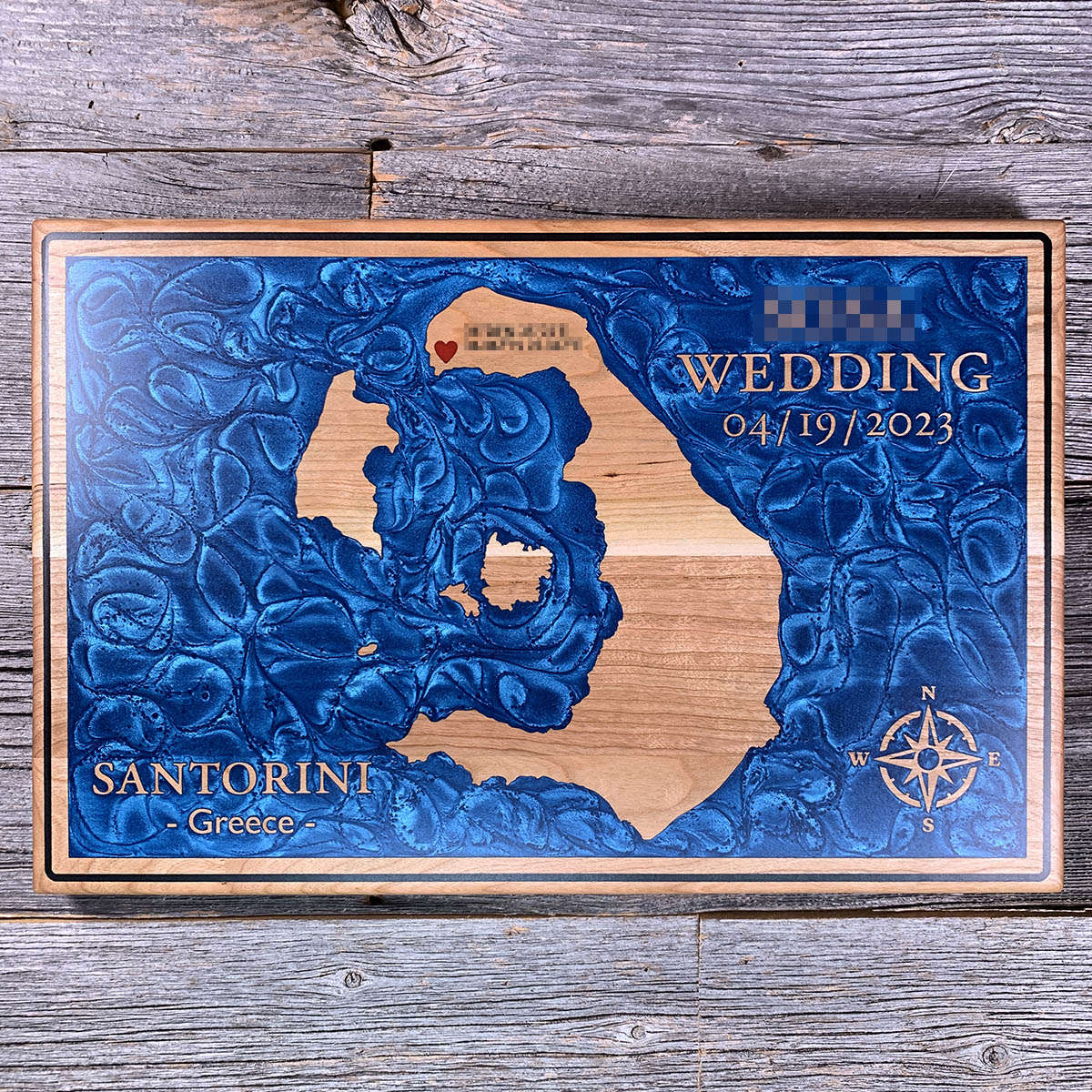 Epoxy map of Santorini, Greece, handmade by Keyway