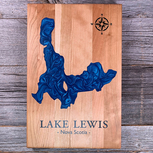 Epoxy map of Lake Lewis, Lunenburg County, Nova Scotia, Canada, handmade by Keyway