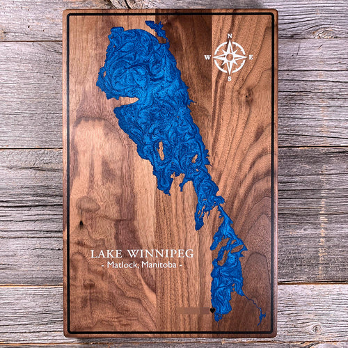 Epoxy map of Lake Winnipeg, Matlock, Manitoba, Canada, handmade by Keyway