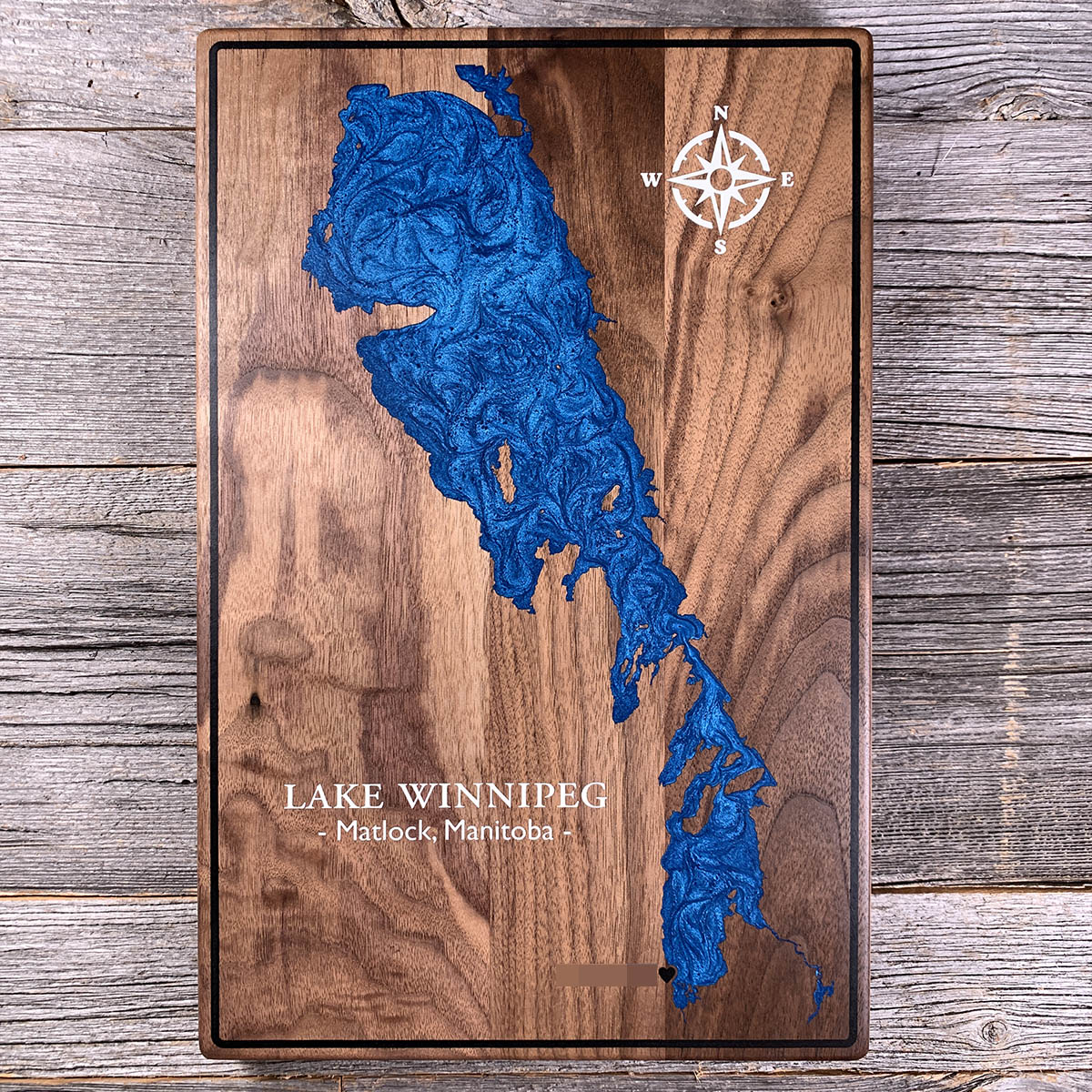 Epoxy map of Lake Winnipeg, Matlock, Manitoba, Canada, handmade by Keyway