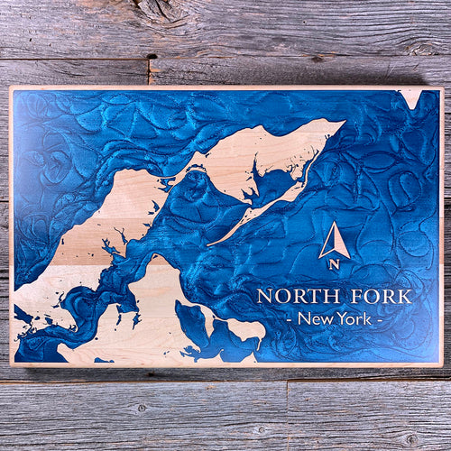 Epoxy map of North Fork, Suffolk County, New York, USA, handmade by Keyway