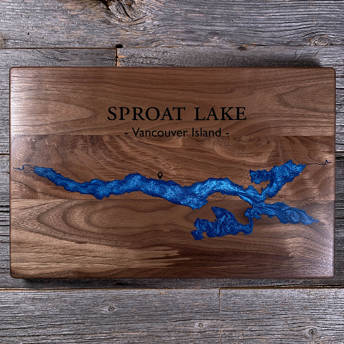 Epoxy map of Sproat Lake, Port Alberni, British Columbia, Canada, handmade by Keyway