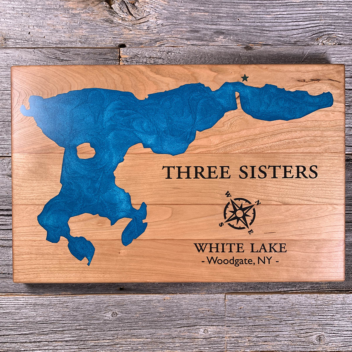 Epoxy map of White Lake, Woodgate, New York, USA, handmade by Keyway