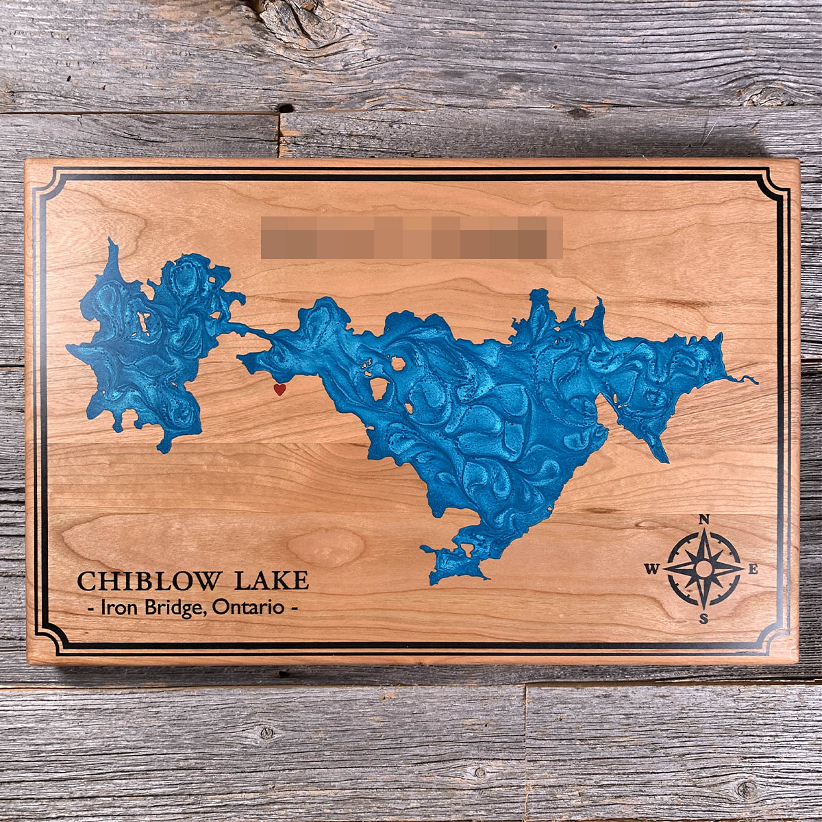 Epoxy map of Chiblow Lake, Iron Bridge, Ontario, Canada, handmade by Keyway