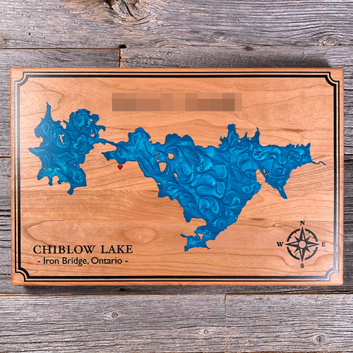 Epoxy map of Chiblow Lake, Iron Bridge, Ontario, Canada, handmade by Keyway