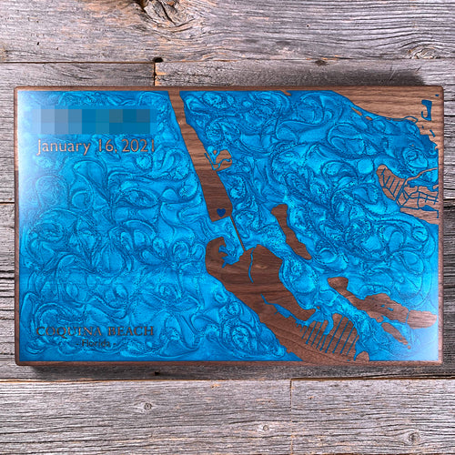 Epoxy map of Coquina Beach, Bradenton Beach, Florida, USA, handmade by Keyway