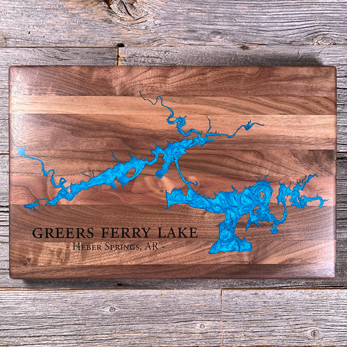 Epoxy map of Greers Ferry Lake, Heber Springs, Arkansas, USA, handmade by Keyway