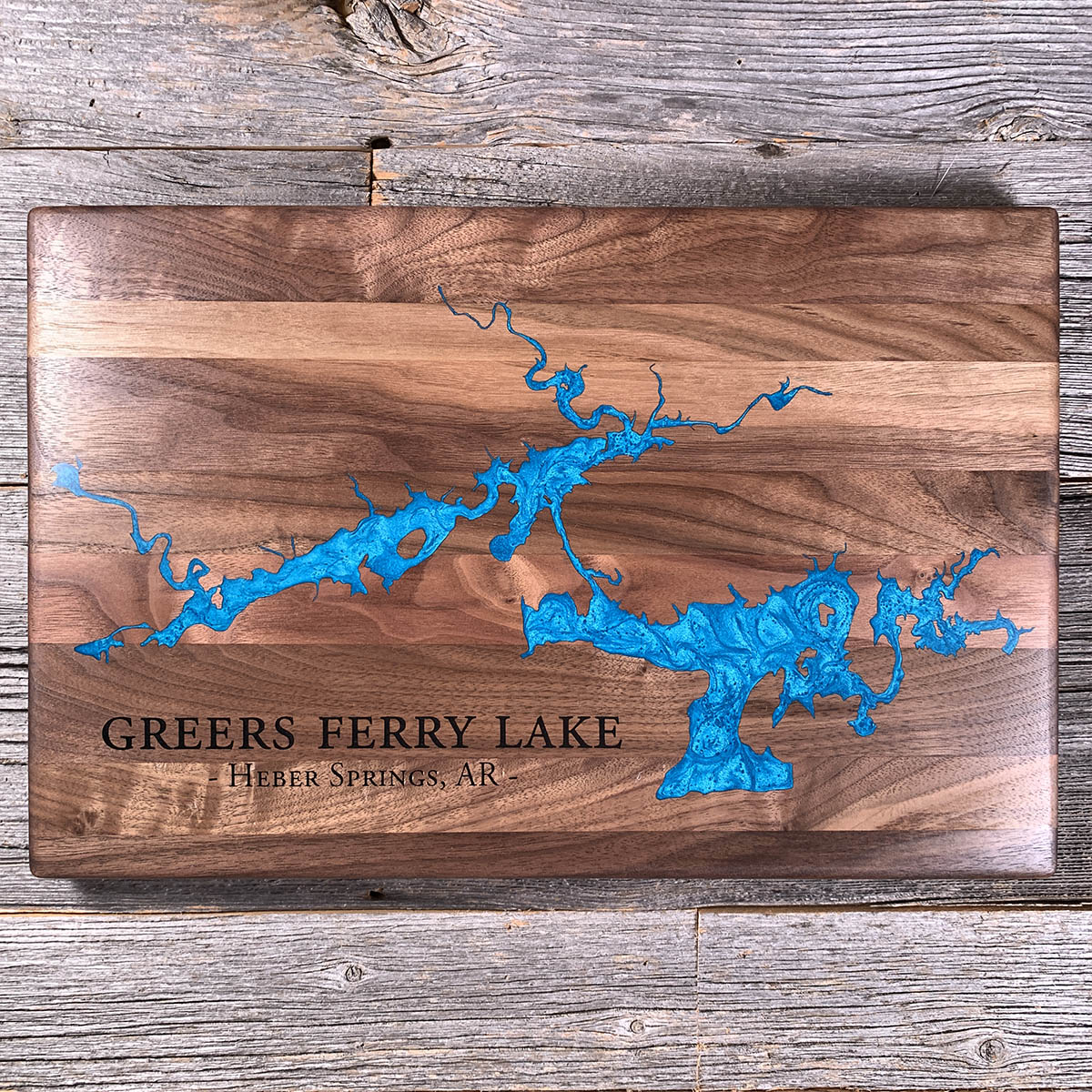 Epoxy map of Greers Ferry Lake, Heber Springs, Arkansas, USA, handmade by Keyway