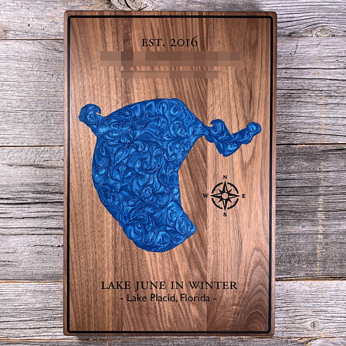 Epoxy map of Lake June in Winter, Lake Placid, Florida, USA, handmade by Keyway