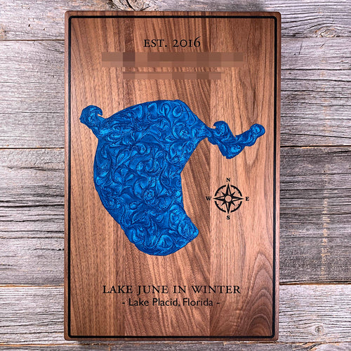 Epoxy map of Lake June in Winter, Lake Placid, Florida, USA, handmade by Keyway