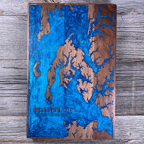 Epoxy map of Bellevue, Talbot County, Maryland, USA, handmade by Keyway