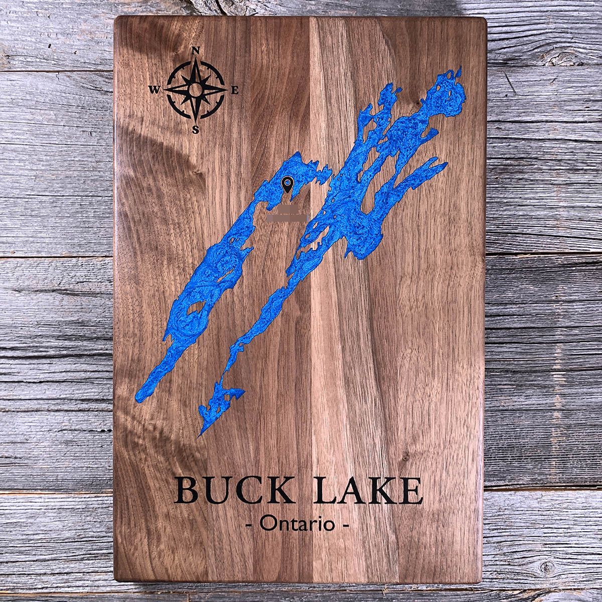 Epoxy map of Buck Lake, South Frontenac, Ontario, Canada, handmade by Keyway