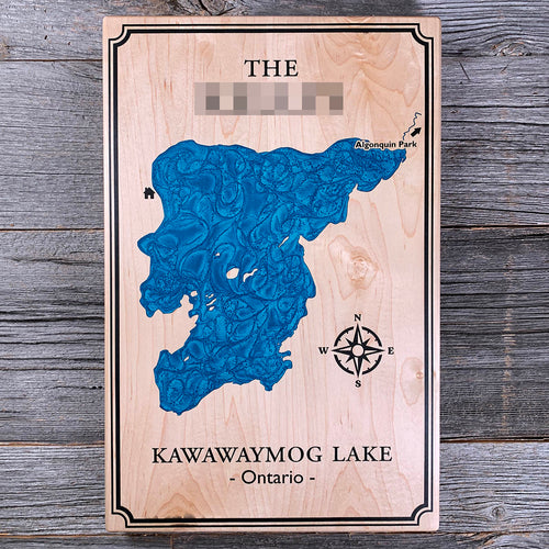 Epoxy map of Kawawaymog Lake, Nipissing District, Ontario, Canada, handmade by Keyway