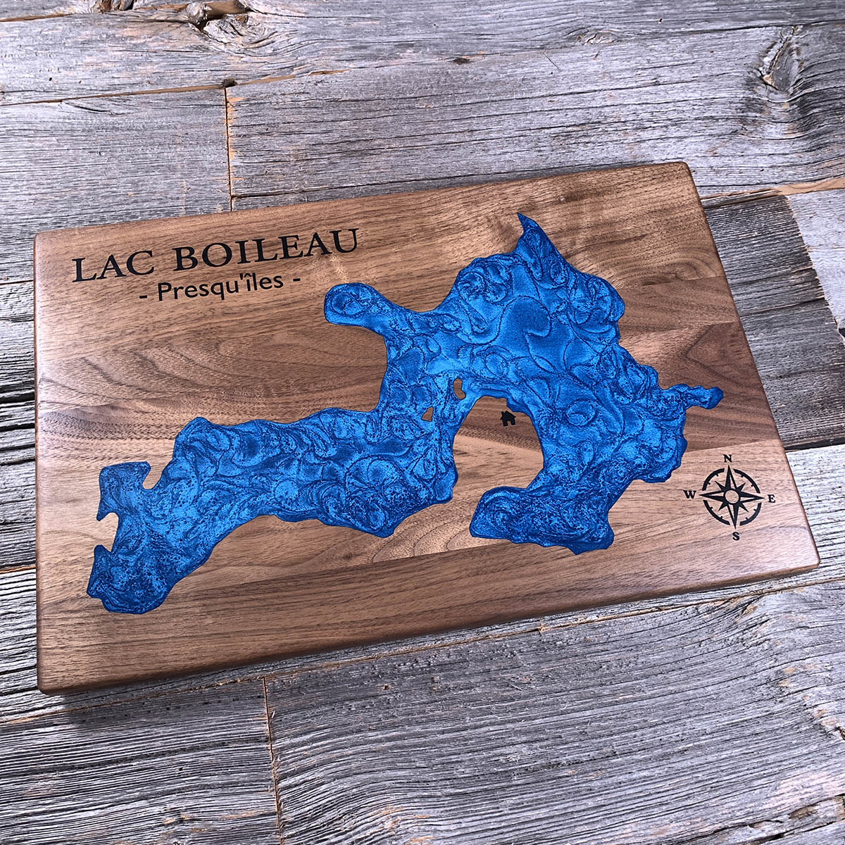 Epoxy map of Lac Boileau, Rivière-Rouge, Quebec, Canada, handmade by Keyway