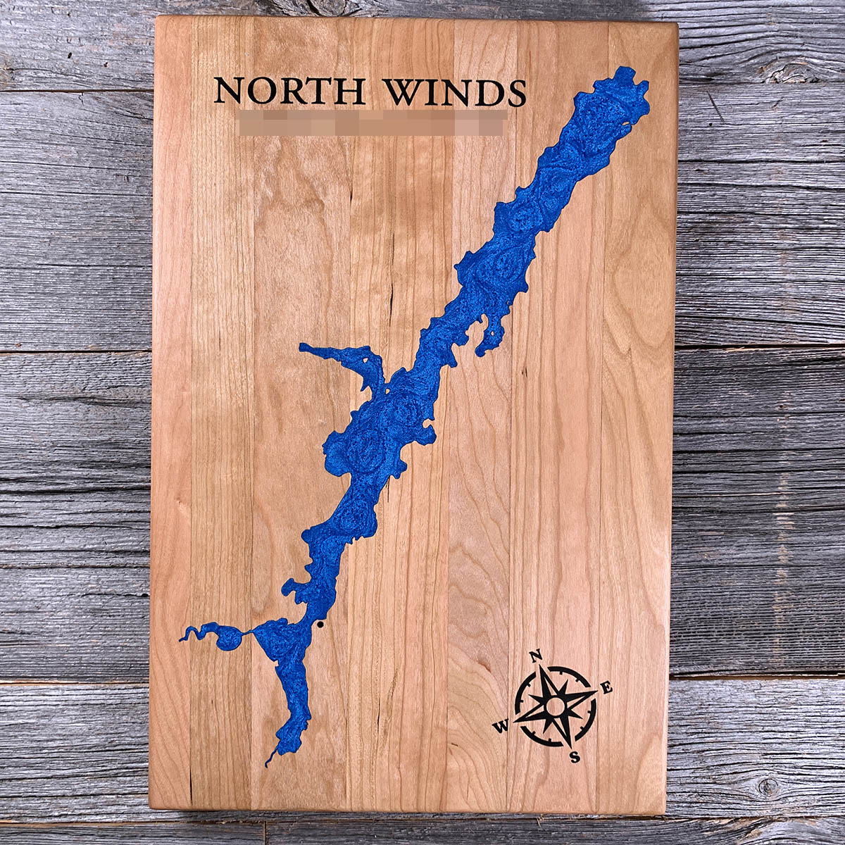 Epoxy map of North Wind Lake, Greenstone, Ontario, Canada, handmade by Keyway