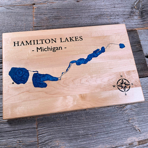 Epoxy map of Hamilton Lake, Dickinson County, Michigan, USA, handmade by Keyway