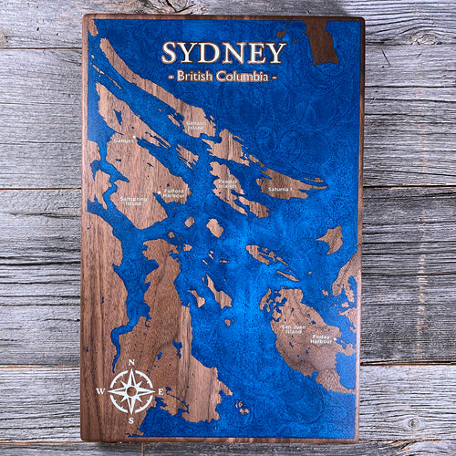 Epoxy map of Sidney, British Columbia, Canada, handmade by Keyway