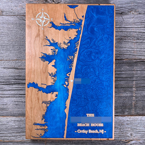 Epoxy map of Ortley Beach, Toms River, New Jersey, USA, handmade by Keyway