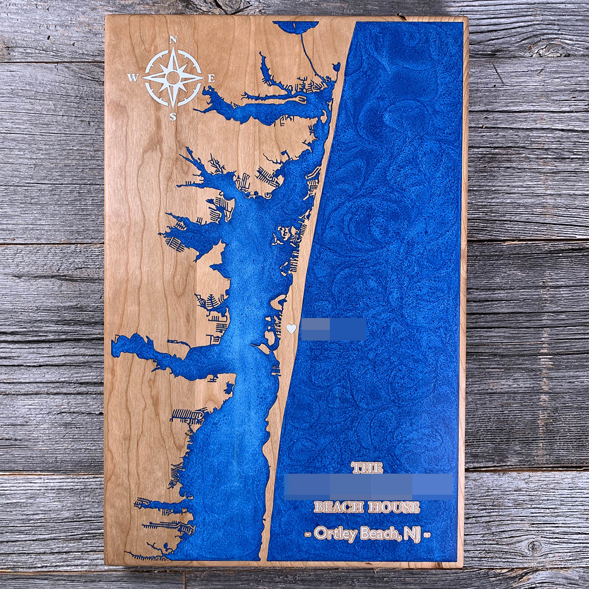 Epoxy map of Ortley Beach, Toms River, New Jersey, USA, handmade by Keyway