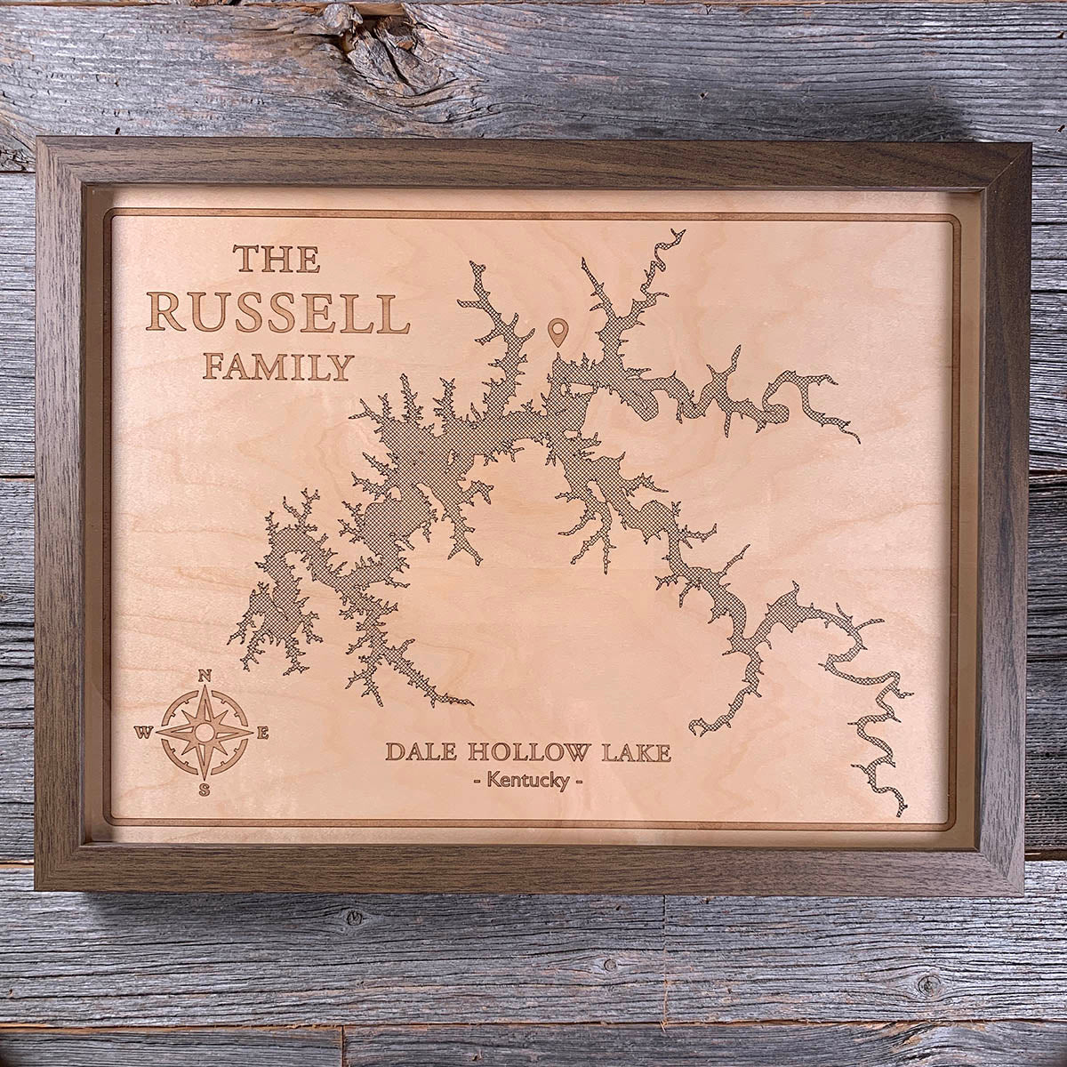 Engraved map of Dale Hollow Lake, Tennessee / Kentucky, USA, handmade by Keyway