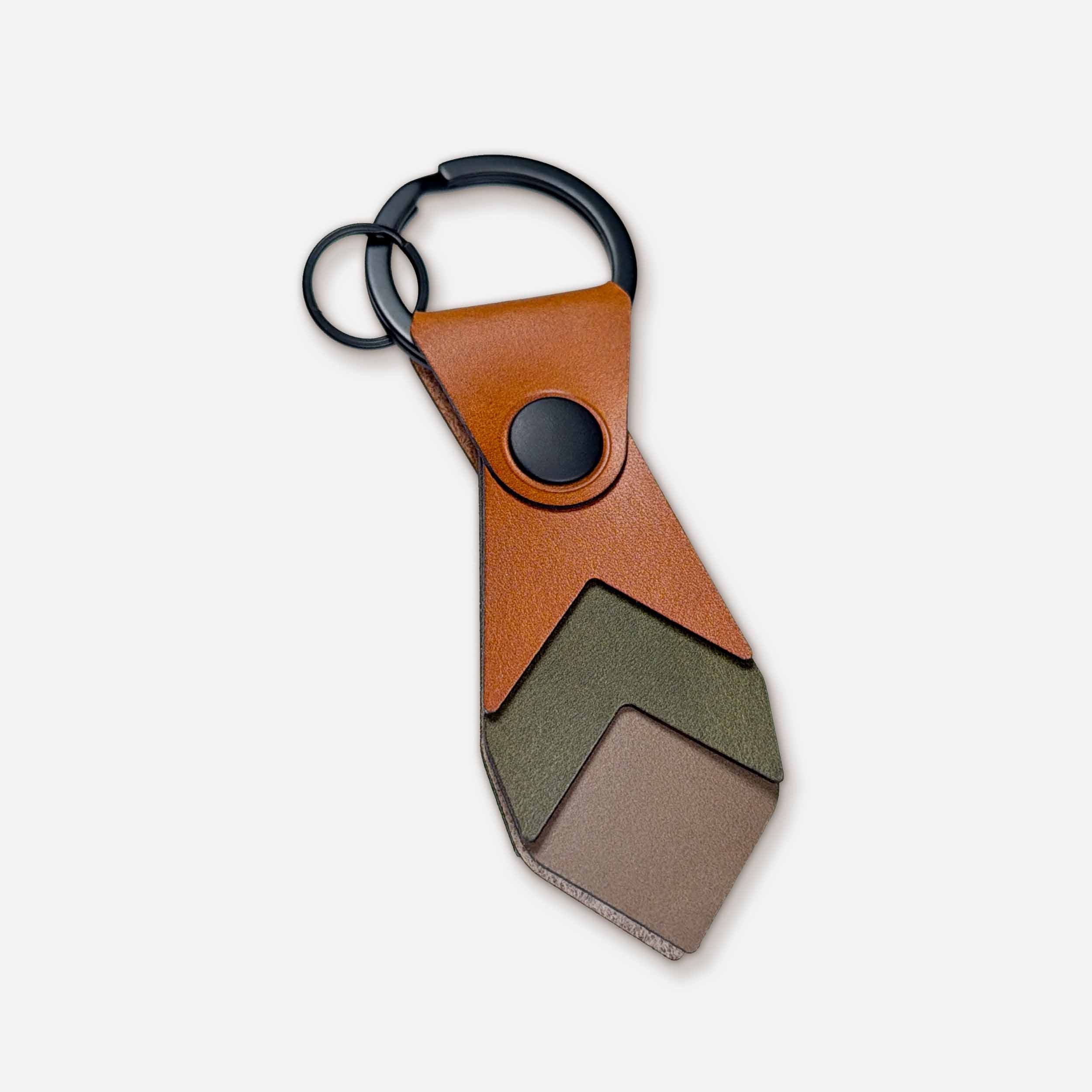 Keyway Bramble handmade leather keychain — cognac Italian full-grain veg-tan with black PVD hardware and chevron design