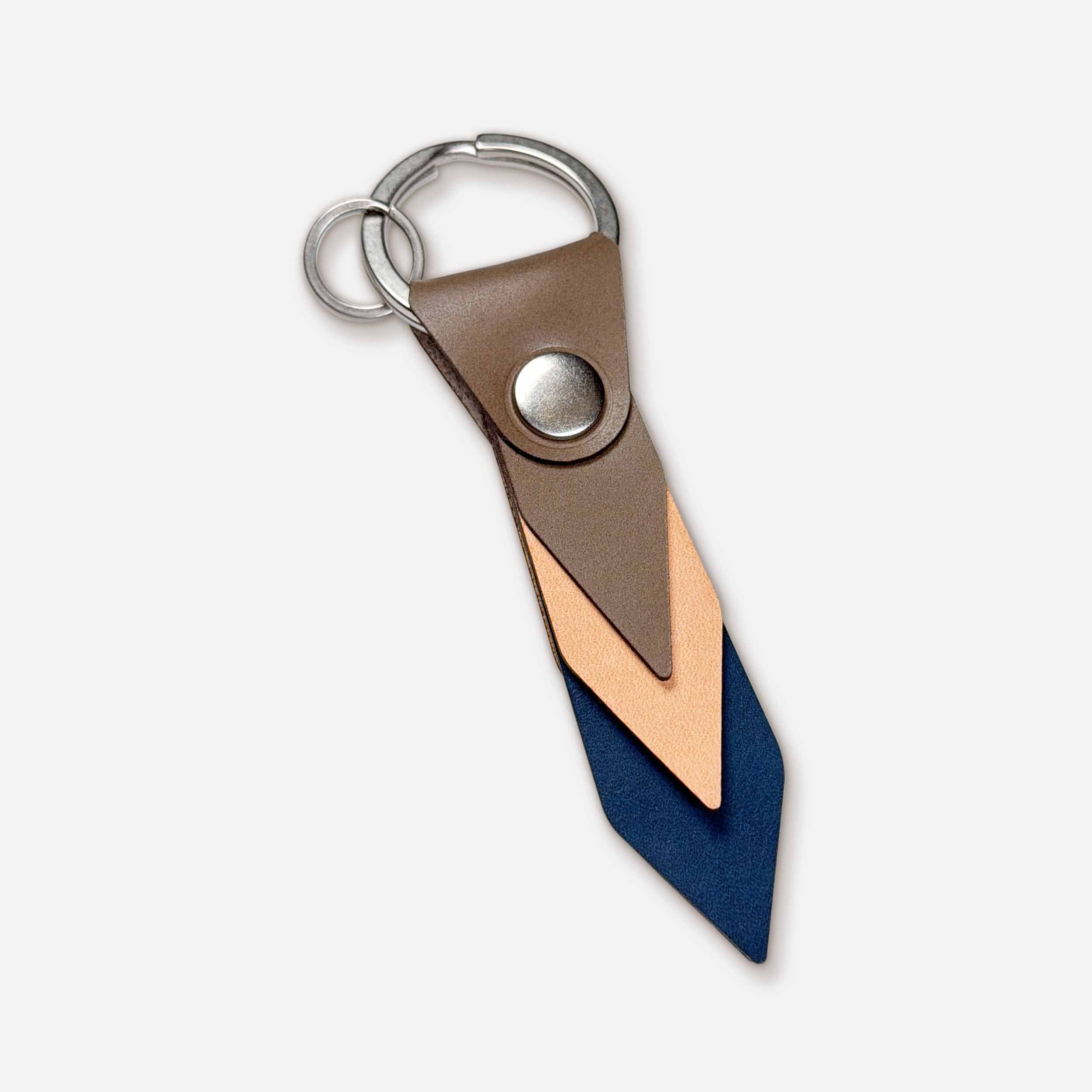 Keyway Driftwood handmade leather keychain — taupe Italian full-grain veg-tan with nickel hardware and coastal chevron design