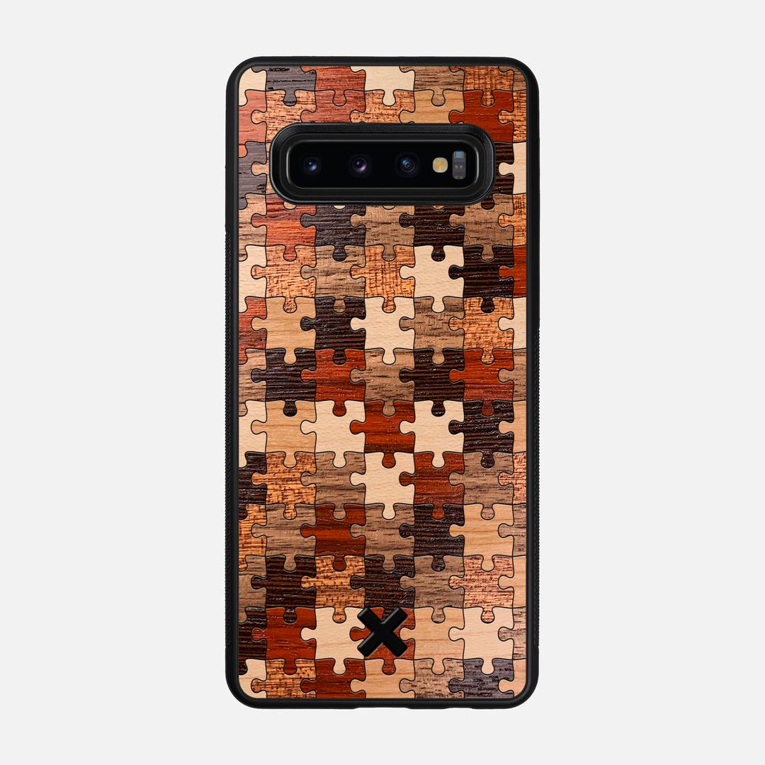 Puzzle Case for the Samsung Galaxy S10 featuring a Wenge, Maple, Cherry, Sapele, Padauk, and Walnut Wood backer with the Keyway X Mark#Phone Model_Galaxy S10