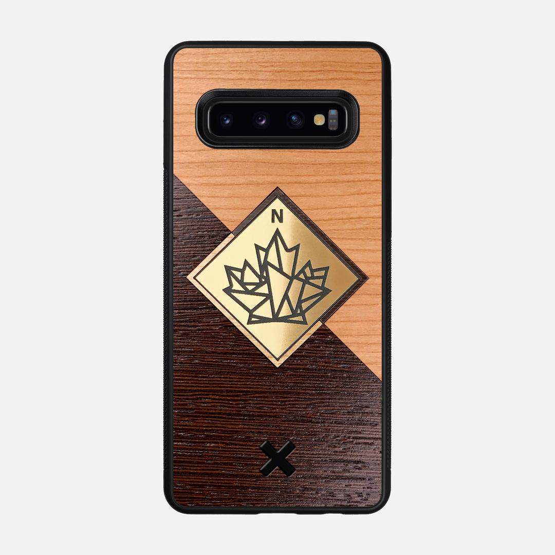 True North Case for the Samsung Galaxy S10 featuring an Engraved Gold, Cherry, and Wenge Wood backer with the Keyway X Mark#Phone Model_Galaxy S10