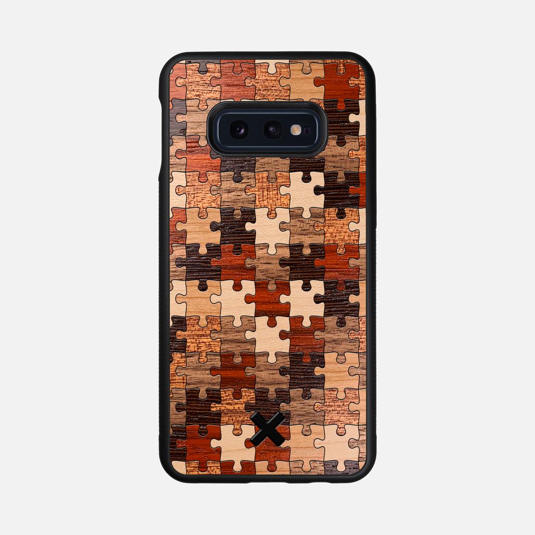 Puzzle Case for the Samsung Galaxy S10e featuring a Wenge, Maple, Cherry, Sapele, Padauk, and Walnut Wood backer with the Keyway X Mark#Phone Model_Galaxy S10e
