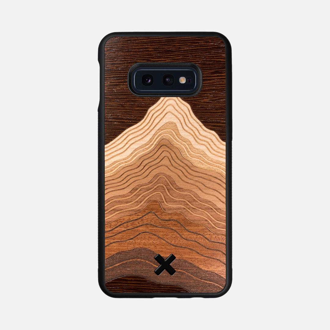 Summit Case for the Samsung Galaxy S10e featuring a mountain of Wenge, Maple, Cherry, and Sapele Wood backer with the Keyway X Mark#Phone Model_Galaxy S10e