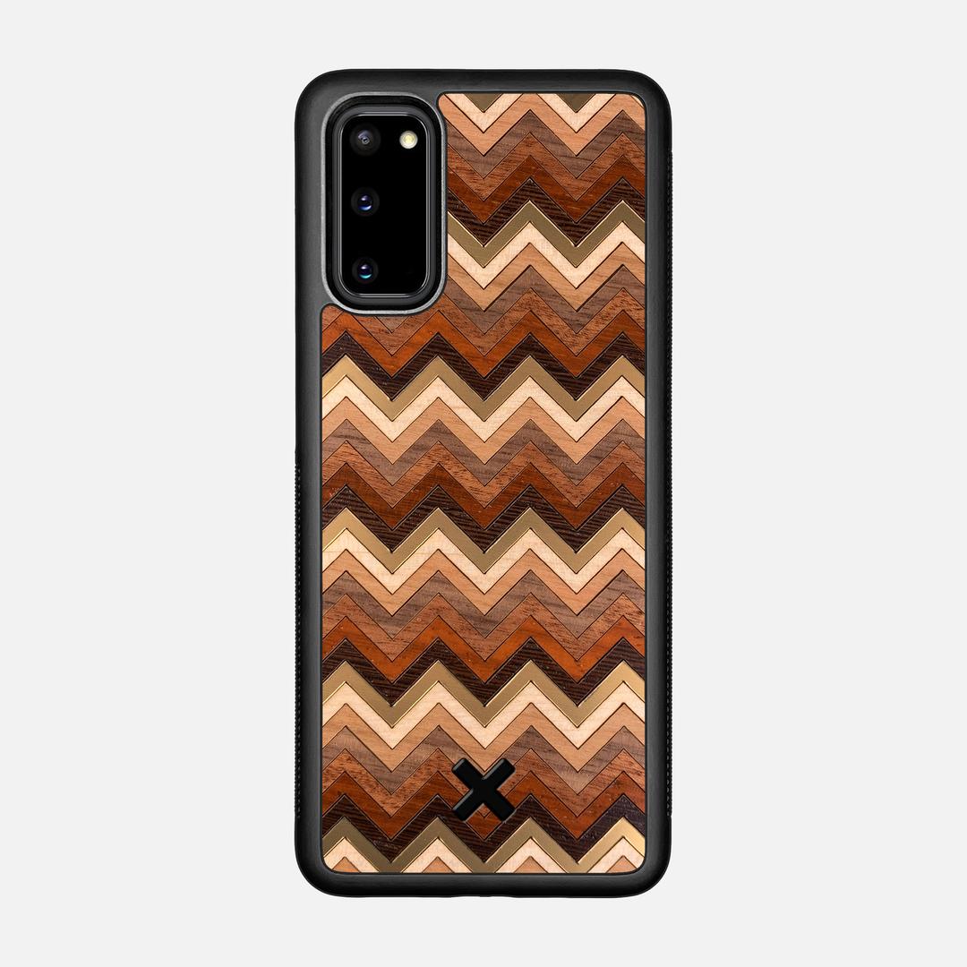 Echo Case for the Samsung Galaxy S20 featuring a zigzag Gold, Maple, Cherry, Walnut, Sapele, Padauk, and Wenge Wood backer with the Keyway X Mark#Phone Model_Galaxy S20