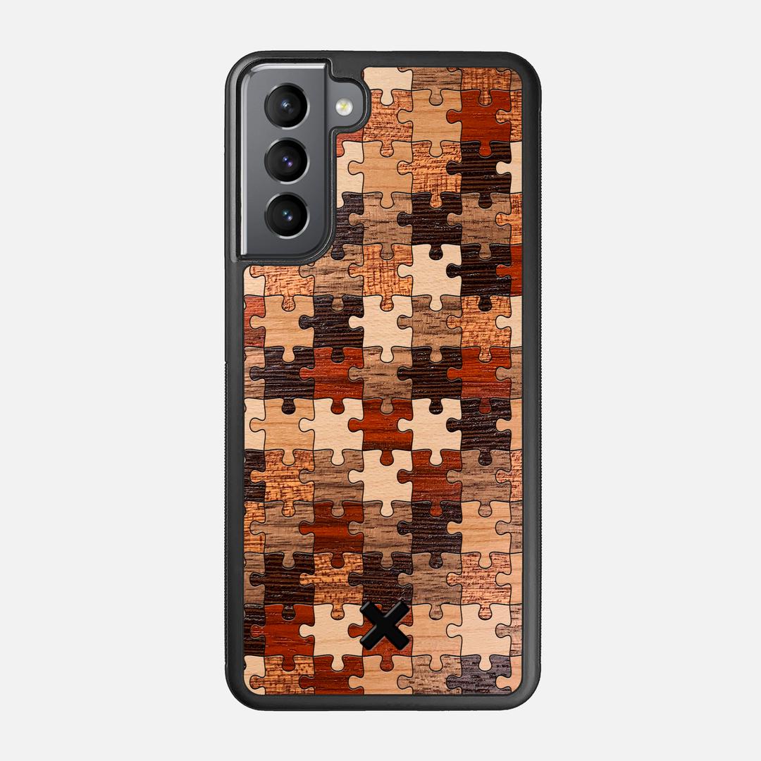 Puzzle Case for the Samsung Galaxy S21 featuring a Wenge, Maple, Cherry, Sapele, Padauk, and Walnut Wood backer with the Keyway X Mark#Phone Model_Galaxy S21