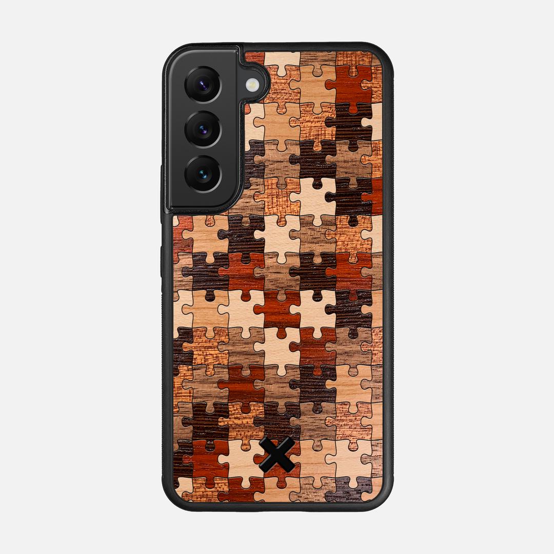 Puzzle Case for the Samsung Galaxy S22 featuring a Wenge, Maple, Cherry, Sapele, Padauk, and Walnut Wood backer with the Keyway X Mark#Phone Model_Galaxy S22