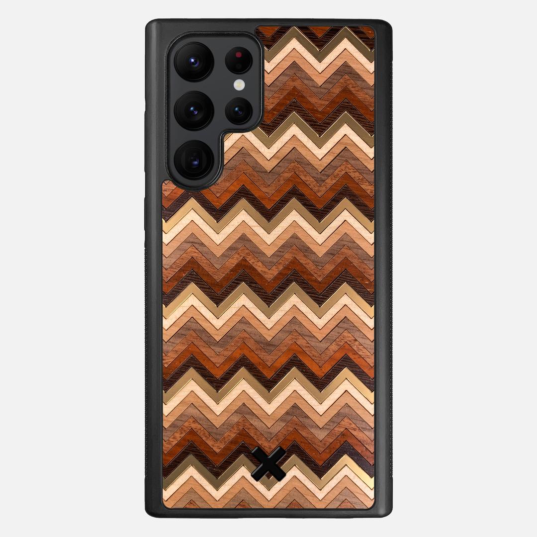 Echo Case for the Samsung Galaxy S22 Ultra featuring a zigzag Gold, Maple, Cherry, Walnut, Sapele, Padauk, and Wenge Wood backer with the Keyway X Mark#Phone Model_Galaxy S22 Ultra