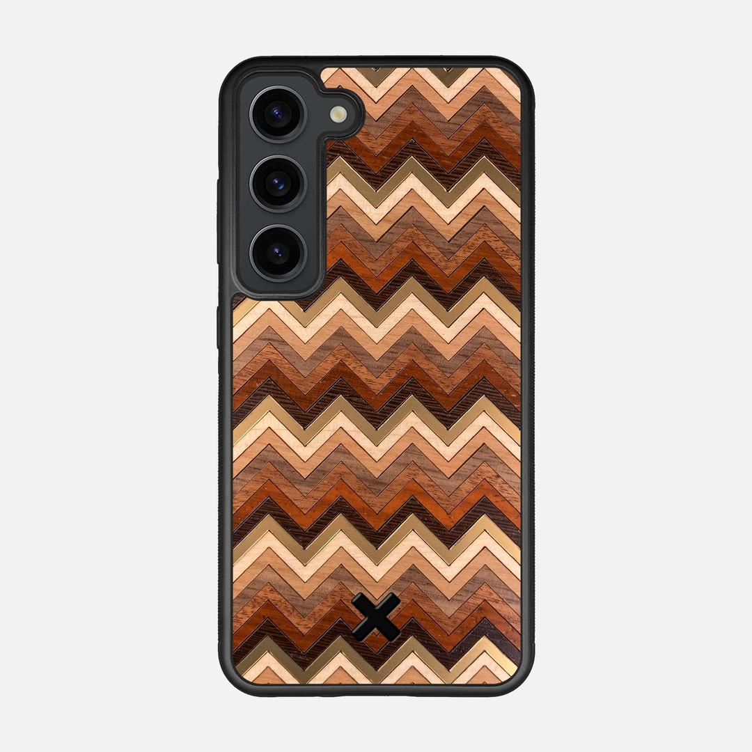Echo Case for the Samsung Galaxy S23 featuring a zigzag Gold, Maple, Cherry, Walnut, Sapele, Padauk, and Wenge Wood backer with the Keyway X Mark#Phone Model_Galaxy S23