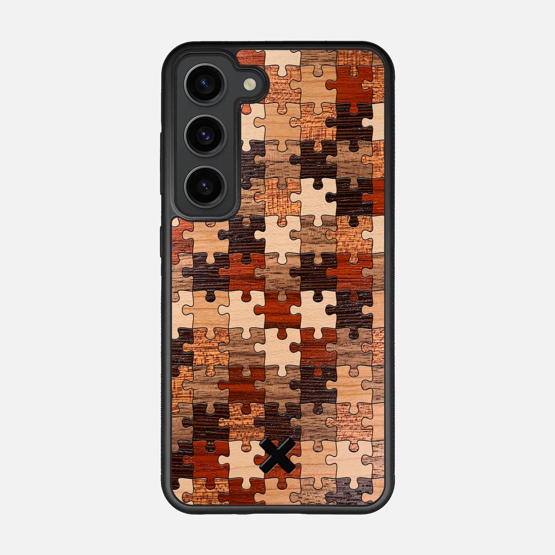 Puzzle Case for the Samsung Galaxy S23 featuring a Wenge, Maple, Cherry, Sapele, Padauk, and Walnut Wood backer with the Keyway X Mark#Phone Model_Galaxy S23