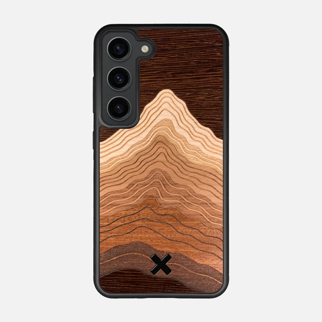 Summit Case for the Samsung Galaxy S23 featuring a mountain of Wenge, Maple, Cherry, and Sapele Wood backer with the Keyway X Mark#Phone Model_Galaxy S23