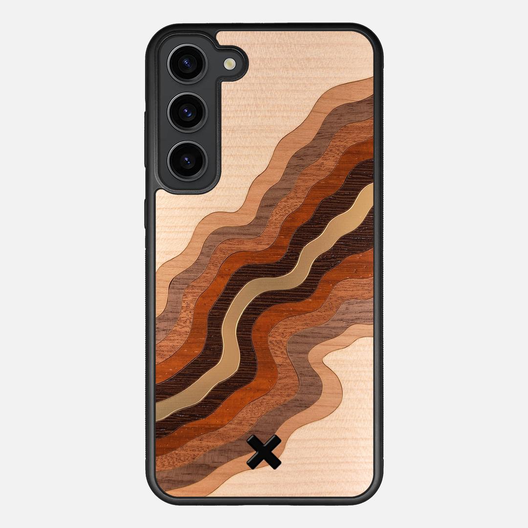 Canyon Case for the Samsung Galaxy S23 Plus featuring a flowing Gold, Maple, Cherry, Walnut, Sapele, Padauk, and Wenge Wood backer with the Keyway X Mark#Phone Model_Galaxy S23 Plus