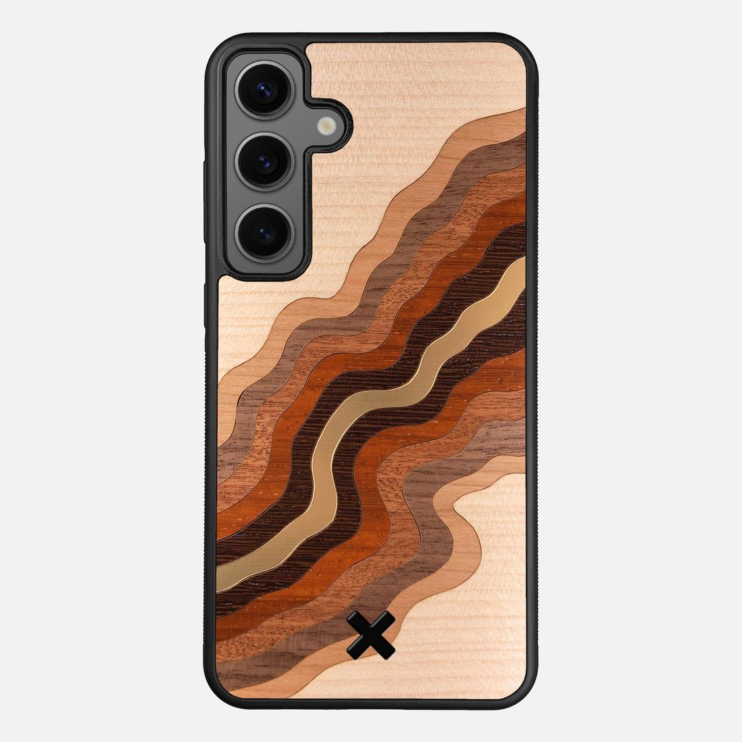 Canyon Case for the Samsung Galaxy S24 Plus featuring a flowing Gold, Maple, Cherry, Walnut, Sapele, Padauk, and Wenge Wood backer with the Keyway X Mark#Phone Model_Galaxy S24 Plus