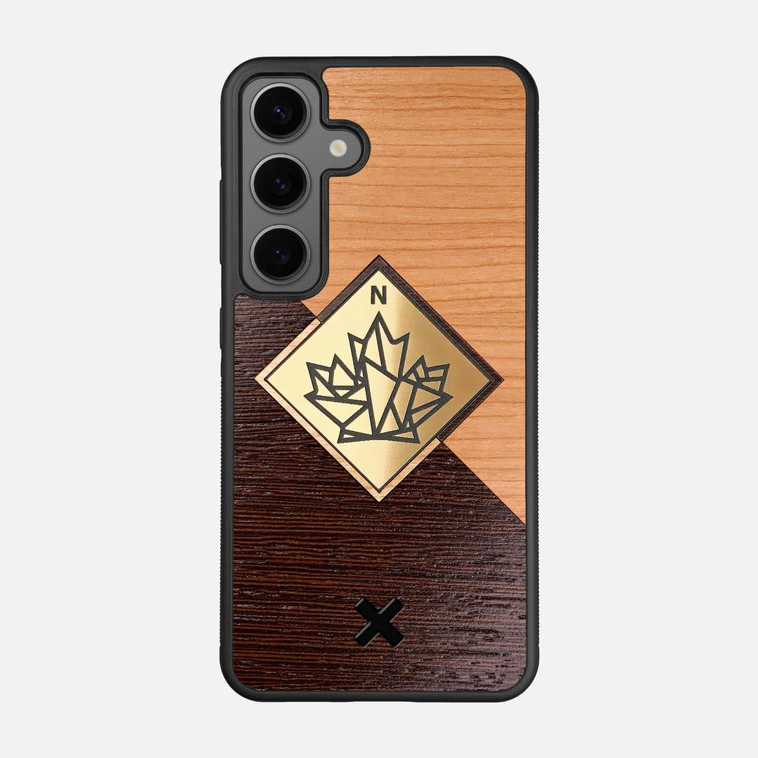 True North Case for the Samsung Galaxy S25 featuring an Engraved Gold, Cherry, and Wenge Wood backer with the Keyway X Mark#Phone Model_Galaxy S25