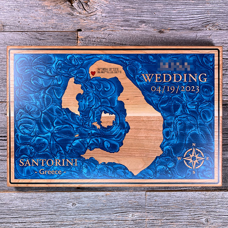 Epoxy map of Santorini, Greece, handmade by Keyway