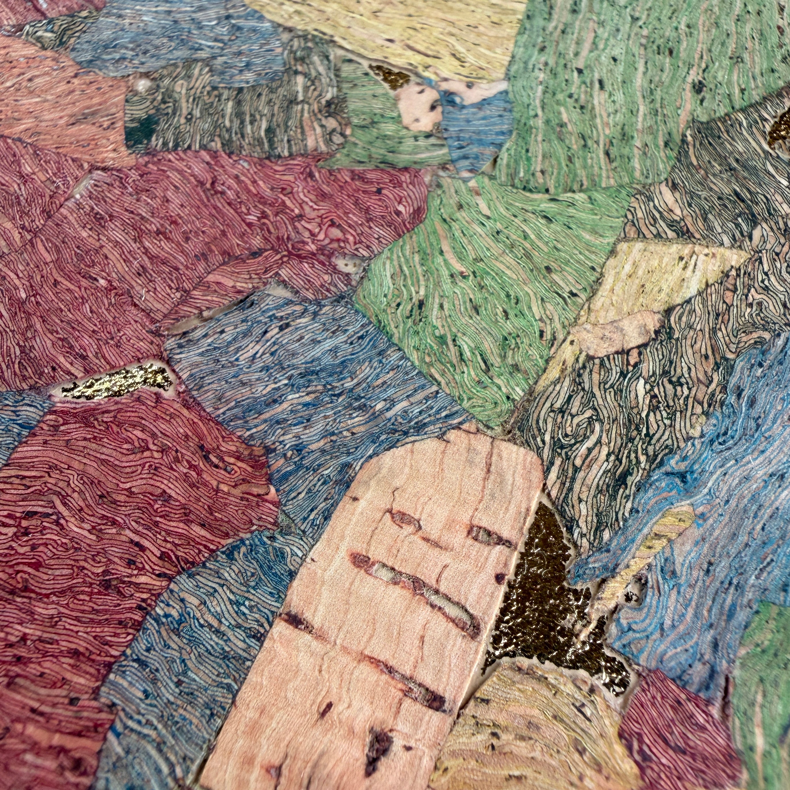 Zoomed details of the gold flakes between layers of coloured cork in the Terrazzo Cork phone case by Keyway