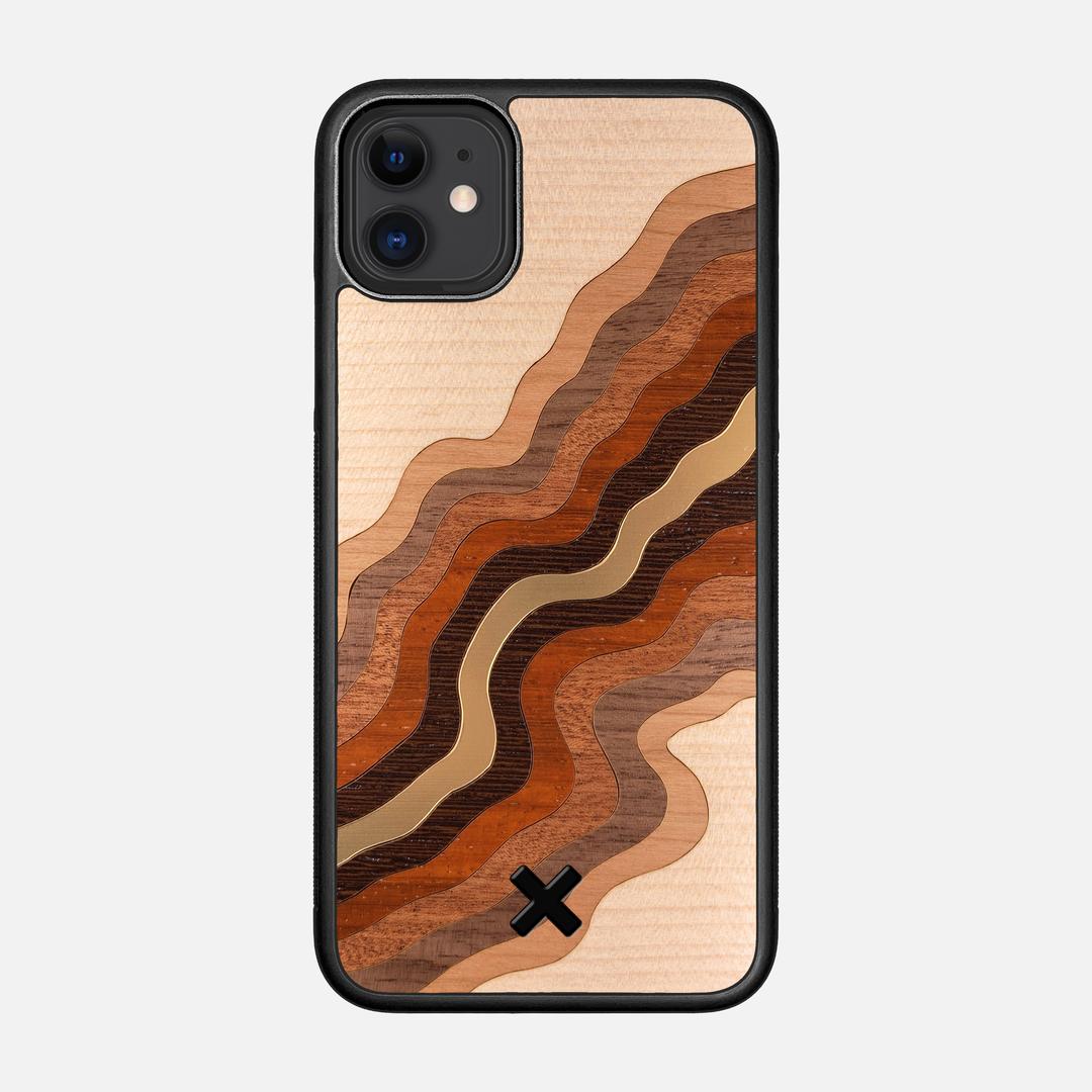 Canyon Case for the Apple iPhone 11 featuring a flowing Gold, Maple, Cherry, Walnut, Sapele, Padauk, and Wenge Wood backer with the Keyway X Mark#Phone Model_iPhone 11