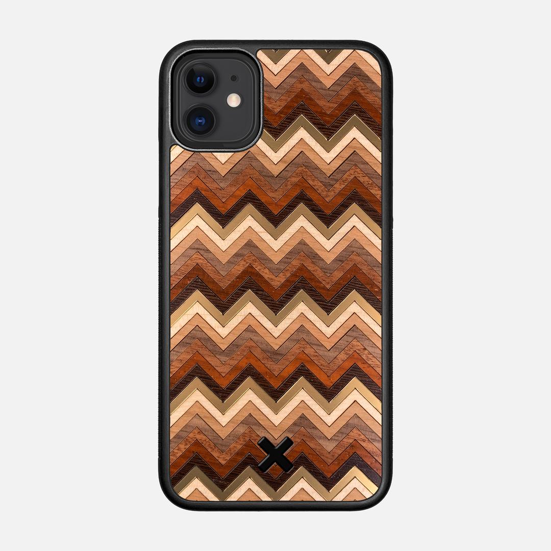 Echo Case for the Apple iPhone 11 featuring a zigzag Gold, Maple, Cherry, Walnut, Sapele, Padauk, and Wenge Wood backer with the Keyway X Mark#Phone Model_iPhone 11