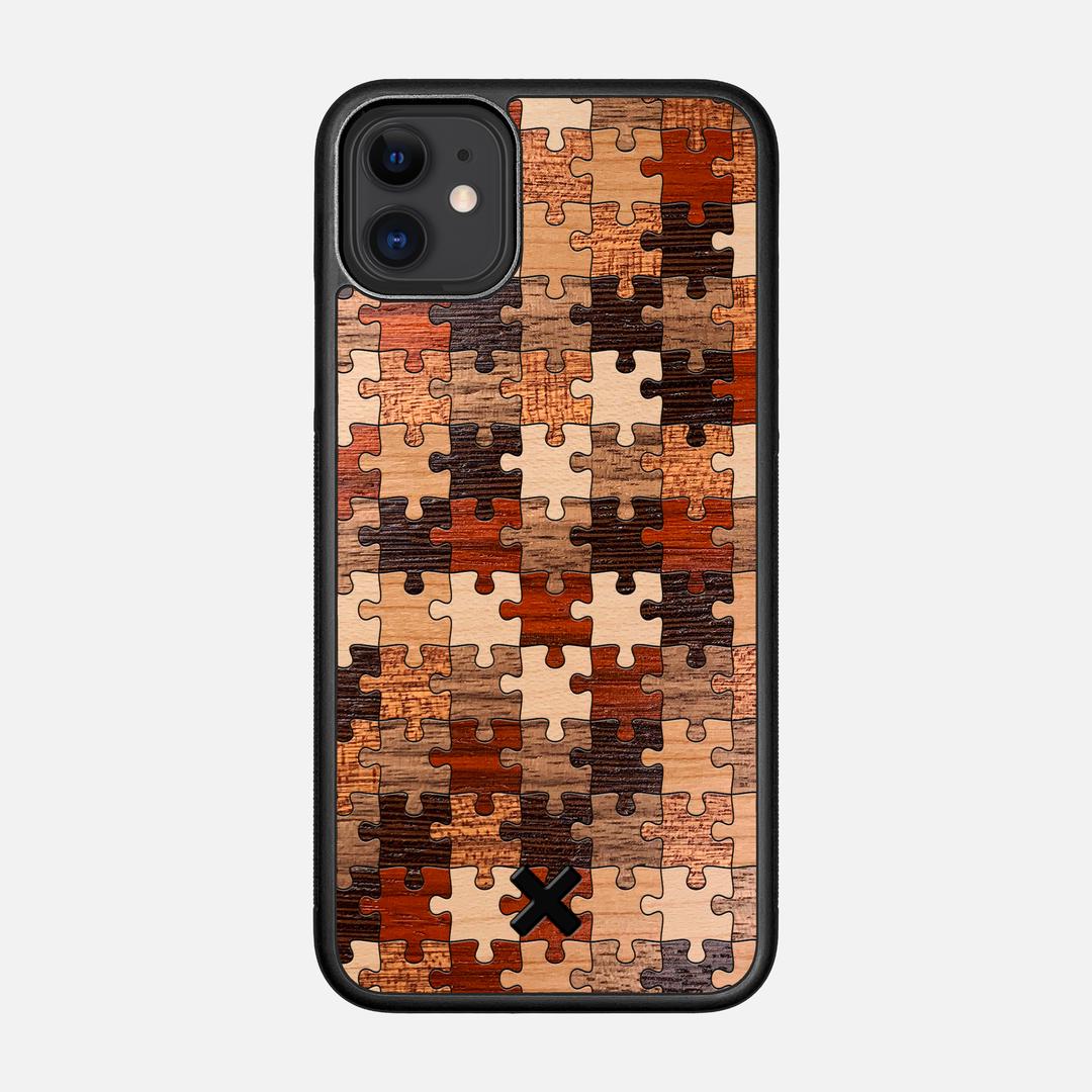 Puzzle Case for the Apple iPhone 11 featuring a Wenge, Maple, Cherry, Sapele, Padauk, and Walnut Wood backer with the Keyway X Mark#Phone Model_iPhone 11