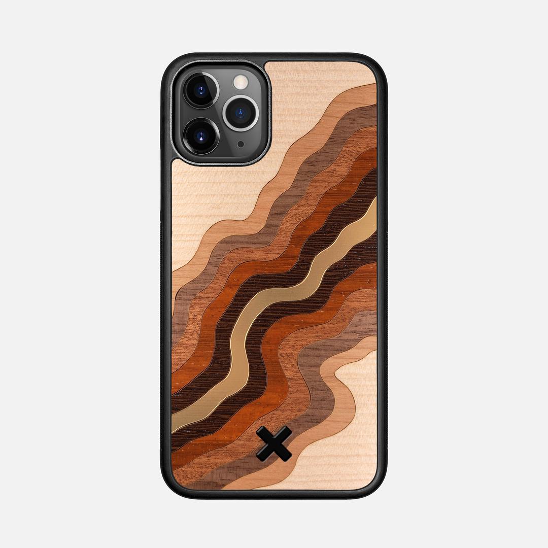 Canyon Case for the Apple iPhone 11 Pro featuring a flowing Gold, Maple, Cherry, Walnut, Sapele, Padauk, and Wenge Wood backer with the Keyway X Mark#Phone Model_iPhone 11 Pro
