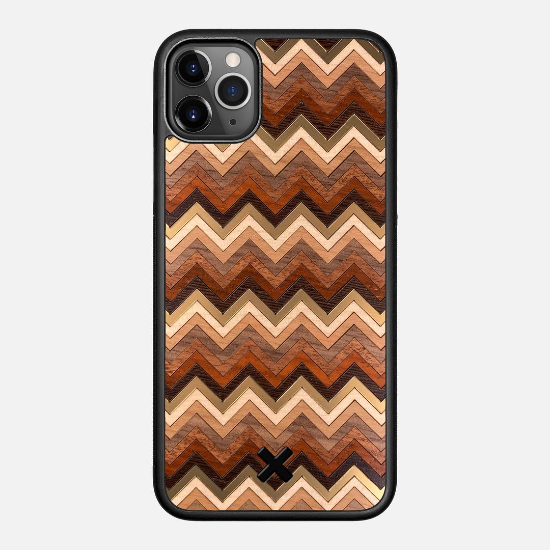 Echo Case for the Apple iPhone 11 Pro Max featuring a zigzag Gold, Maple, Cherry, Walnut, Sapele, Padauk, and Wenge Wood backer with the Keyway X Mark#Phone Model_iPhone 11 Pro Max
