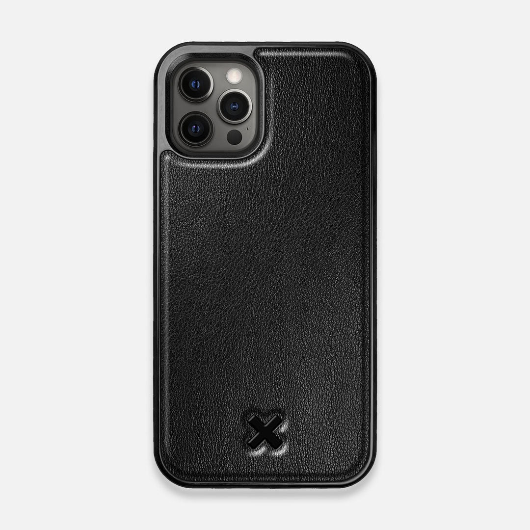 Front view of the Blank Black Leather iPhone 12/12 Pro Case by Keyway Designs
